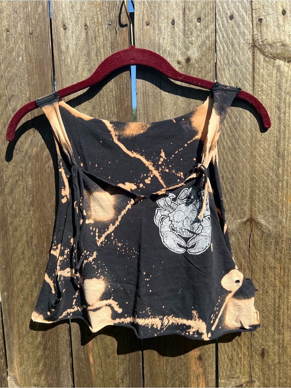 Black Bleach-Effect Crab Graphic Tie-Shoulder Crop Top - Women's